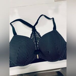 Torrid Cacique front close racerback plunge black and white pin stripe bra